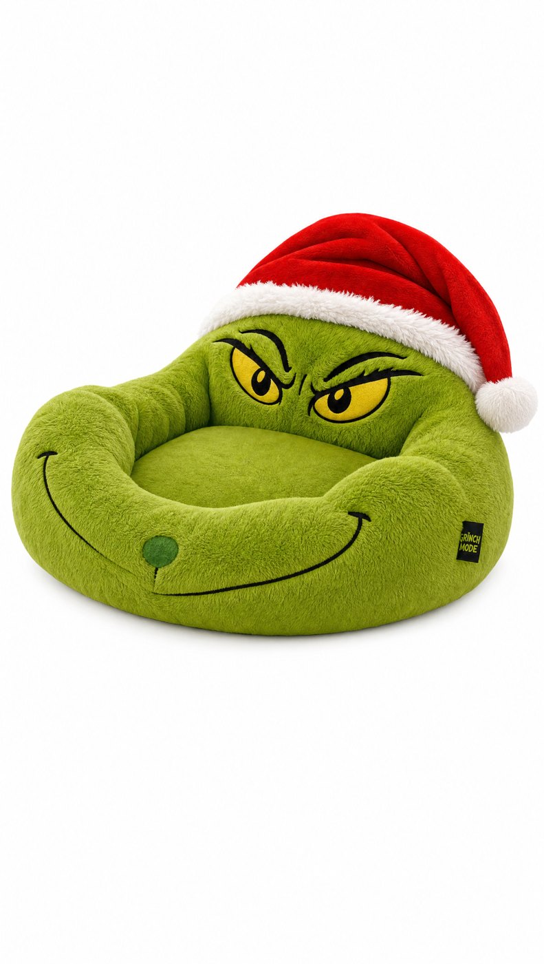 The Grinch Cuddler plush pet bed with a grumpy green face and Santa hat