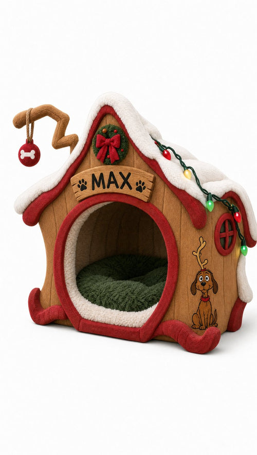 Max's Gingerbread House gingerbread dog-house cave bed with MAX nameplate