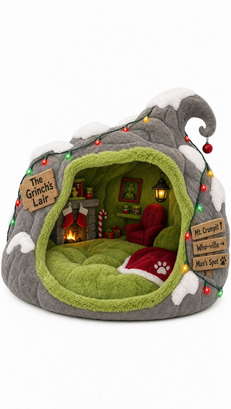 The Grinch's Lair grey cave pet bed styled as a cozy decorated lair