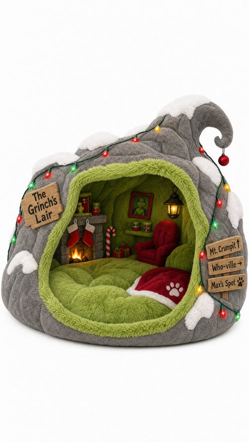 The Grinch's Lair grey cave pet bed styled as a cozy decorated lair
